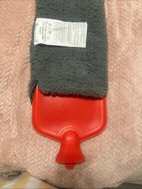 Plush Gray Hot Water Bottle Cover with Red Hot Water Bottle